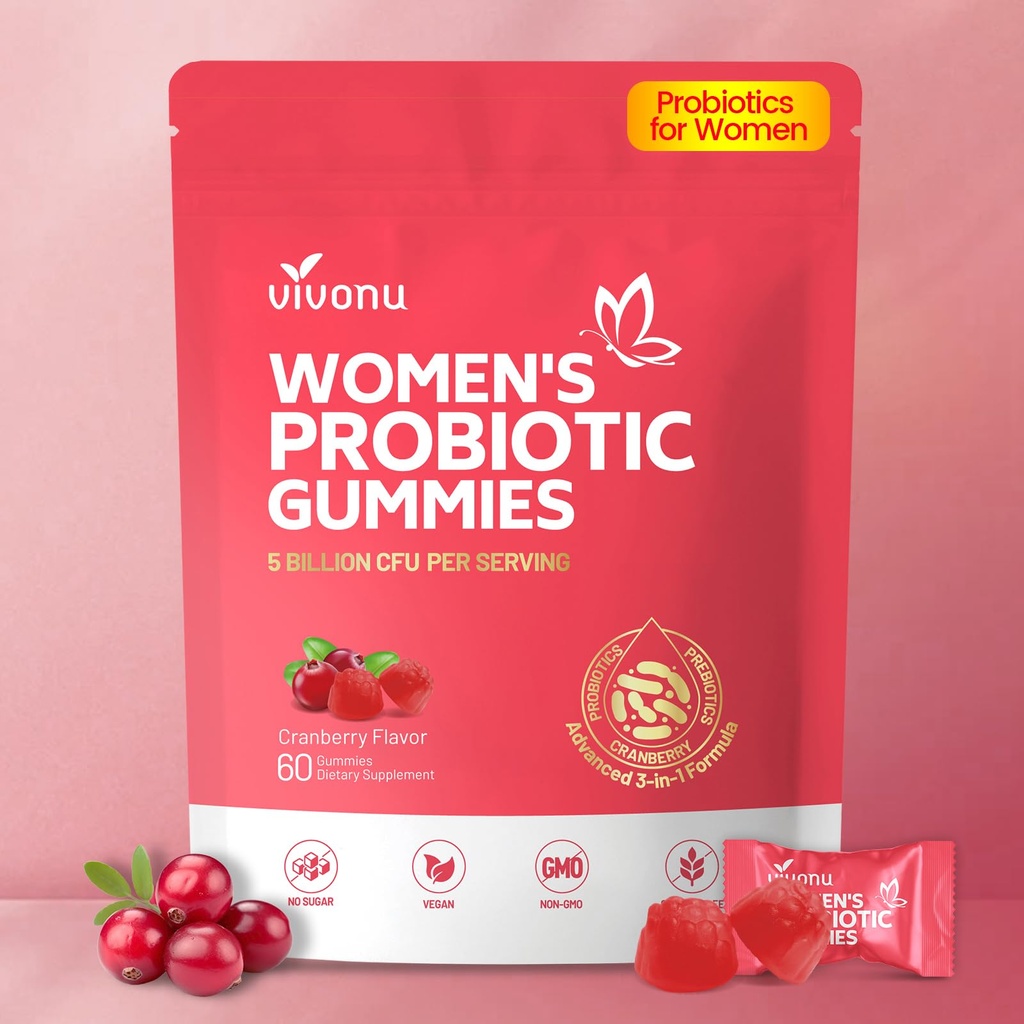 VivoNu Viginal Probiotics for Women, Women Probiotic Gummies, Feminine Balance Gummies, Prebiotic Gummy, Cranberry Probiotics for Woman Vaginigal Health, Yeast Ph Balance| 60 Gummies