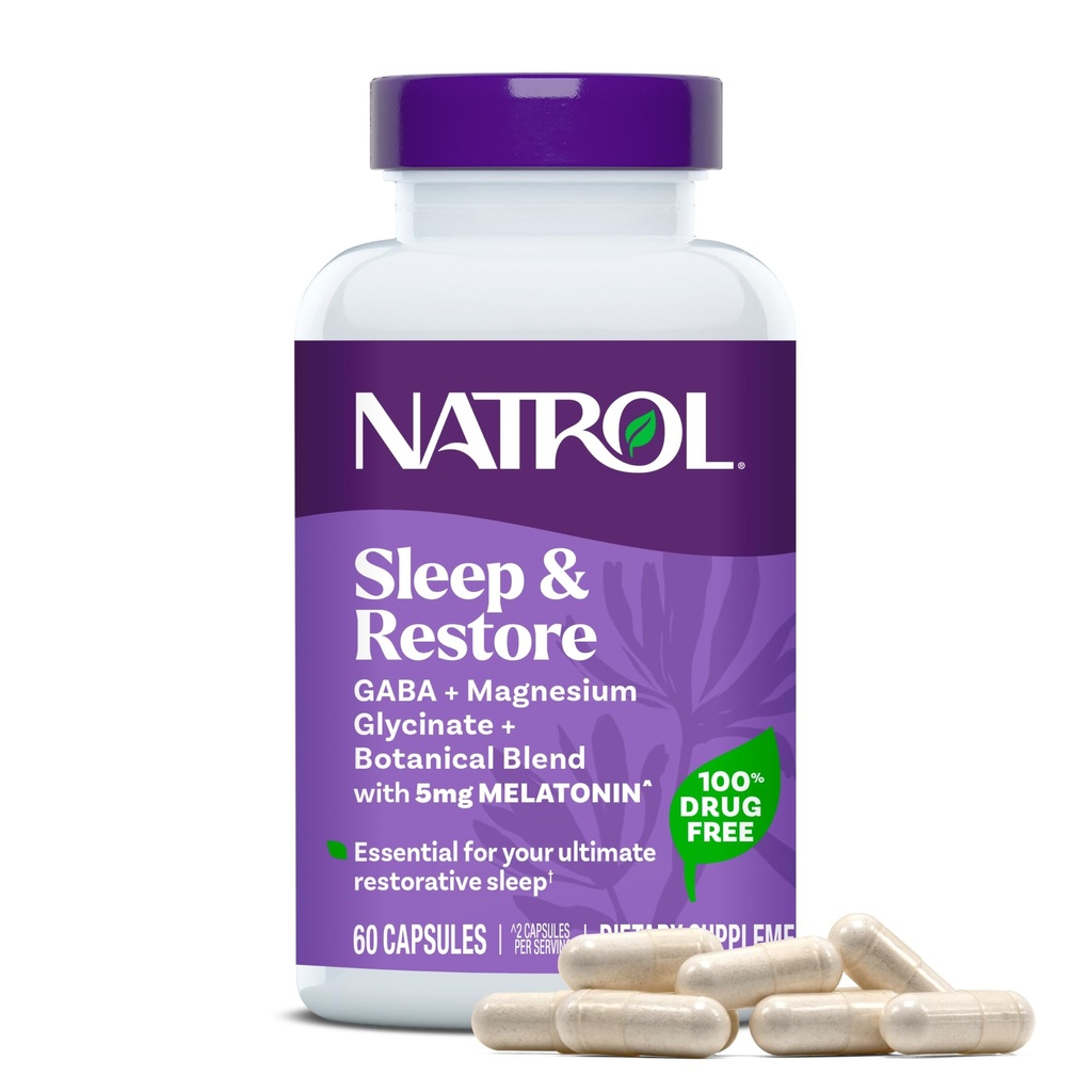Natrol Ύπνος & Επαναφορά Κάψουλες - Ηρεμία Μαγνήσιο Γλυκινικό, Μαγνήσιο Βοηθητικό Ύπνου με GABA, Μελατονίνη 5mg, Βοτανική Blend, 30 Ημέρα προσφοράς