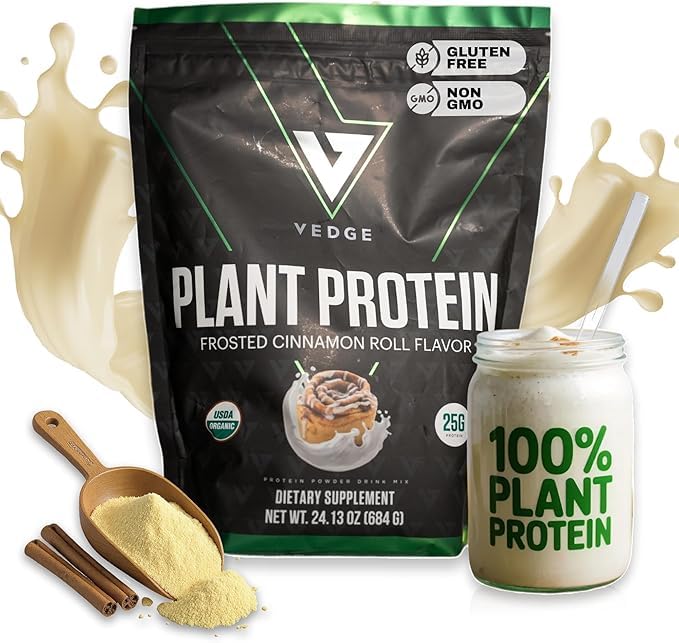 Vedge Vegan Protein Tozu - Pea, Riley & Sunflower - USDA Organik, Amino Asits, Süt Free, Gluten Free, Soy Free, Keto, GMO, Smooth Texture - Cinnamon - 20 Servisler