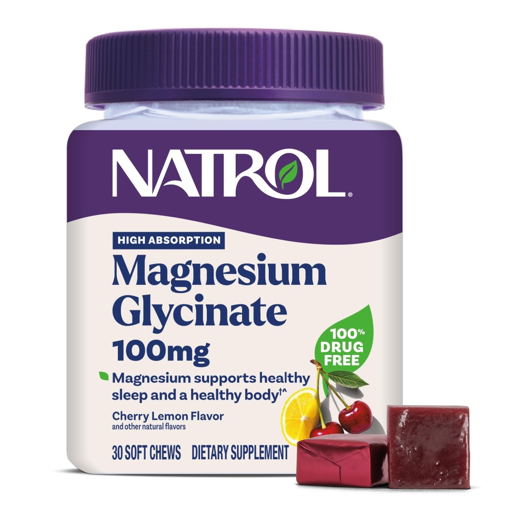 Natrol Magnesium Glycinate Supplements 100mg, Cherry Lemon Soft Chews for Healthy Sleep and Body, Magnesium Glycinate 100mg, Up to a 30 Day Supply