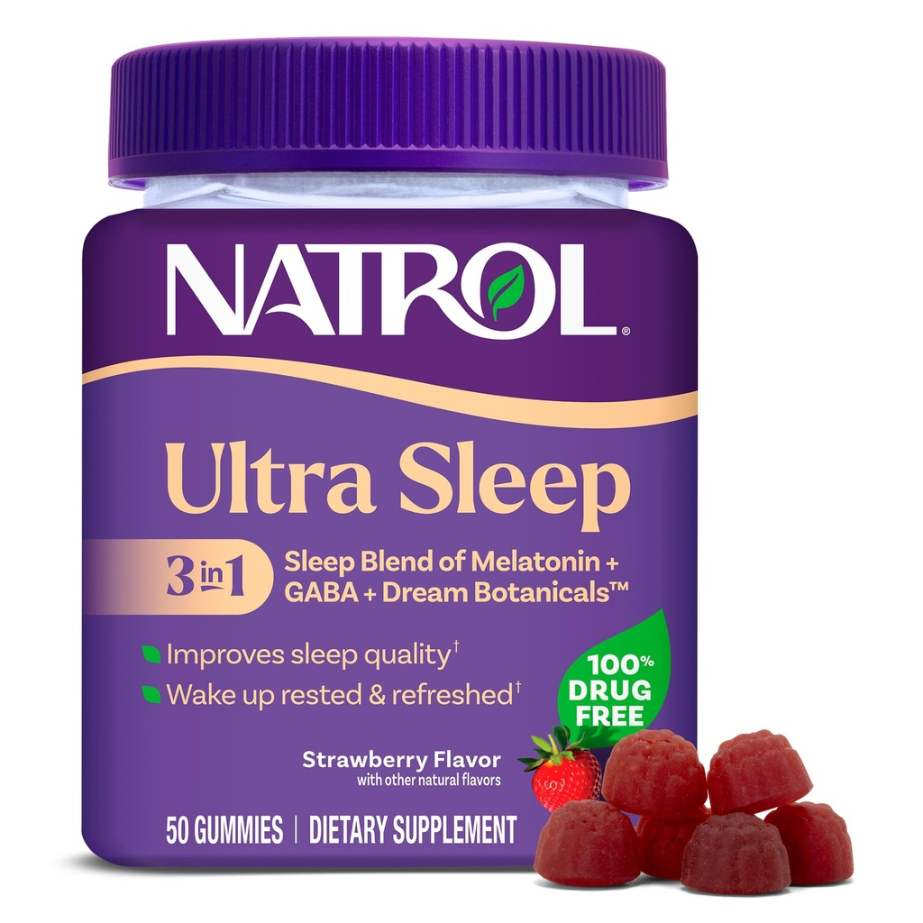 Natrol Ultra Sleep 3-in-1 100% Drug-Free Sleep Aid Blend with Melatonin, GABA & Botanicals, Dietary Supplement, Non-Habit Forming, 50 Gummies