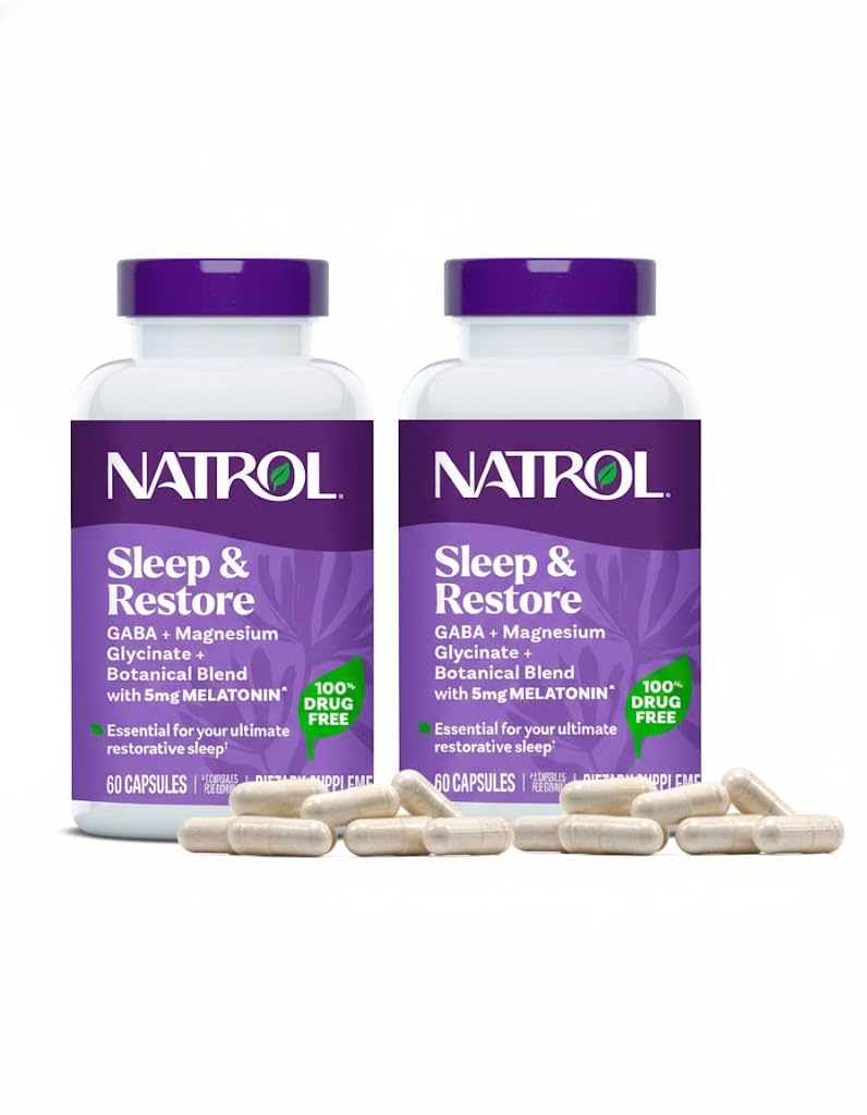 Natrol Sleep & Restore Capsules - Calm Magnesium Glycinate, Magnesium Sleep Aid with GABA, Melatonin 5mg, Botanical Blend, 30 Day Supply, 60 Count (Pack of 2)
