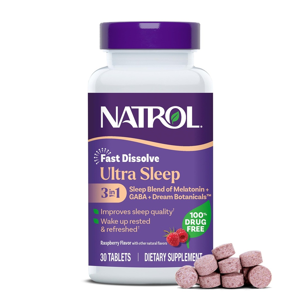Natrol Ultra Sleep 3-in-1 100% Drug-Free Sleep Aid Blend with Melatonin, GABA & Botanicals, Dietary Supplement, Non-Habit Forming, 30 Fast Dissolve Tablets