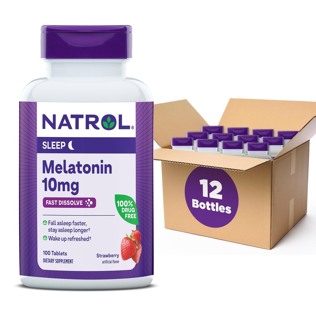 Natrol Fast Dissolve Melatonin 10 mg, Melatonin Supplements for Restful Sleep, Sleep Support for Adults, 100 Strawberry-Flavored Melatonin Tablets, Up to a 100 Day Supply
