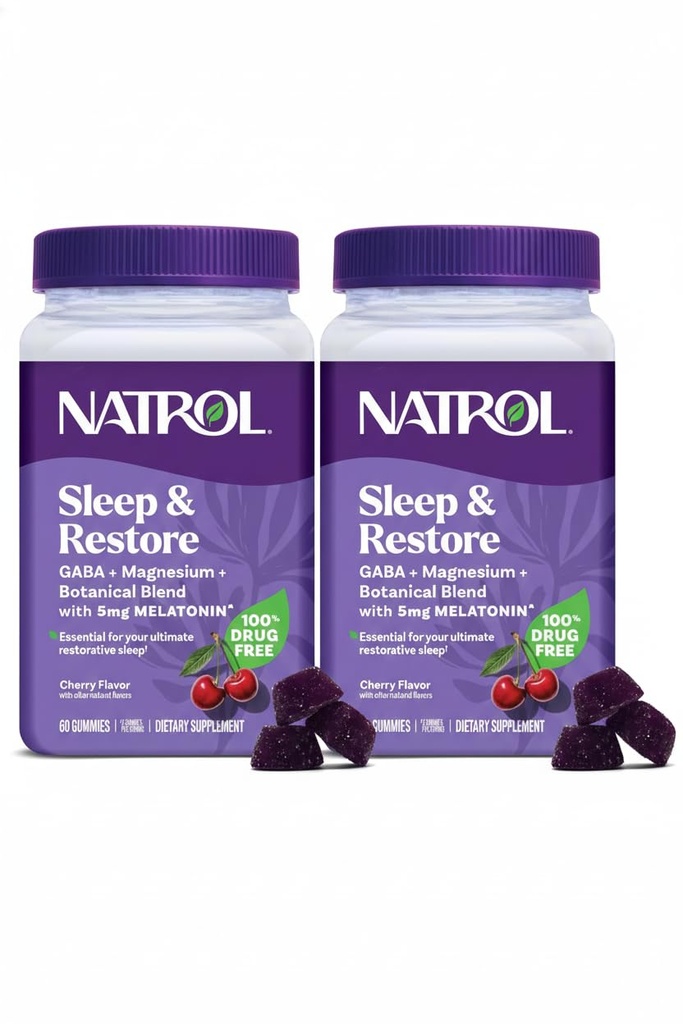 Natrol Ύπνος + Επαναφορά Μαγνήσιου Γλυκινικό Μείγμα Gummies με Μελατονίνη 5mg - Ήρεμο Μαγνήσιο με GABA, Βοτανική Blend, Cherry Γεύση, 60 Gummies (Pack of 2)