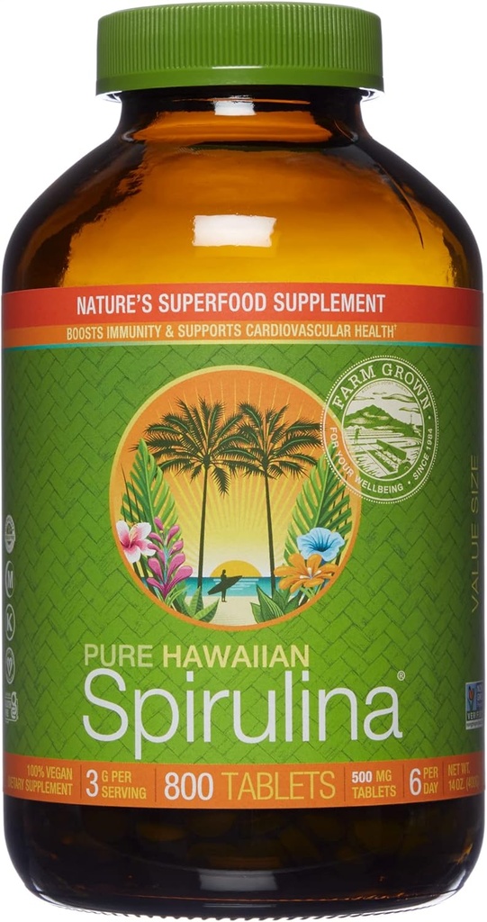 Nutrex Hawaii, Hawaii Purean Spirulina 500 mg, Vegan, Destekler Immune System, Kalp, Hücreler ve Enerji, 800 Tablet