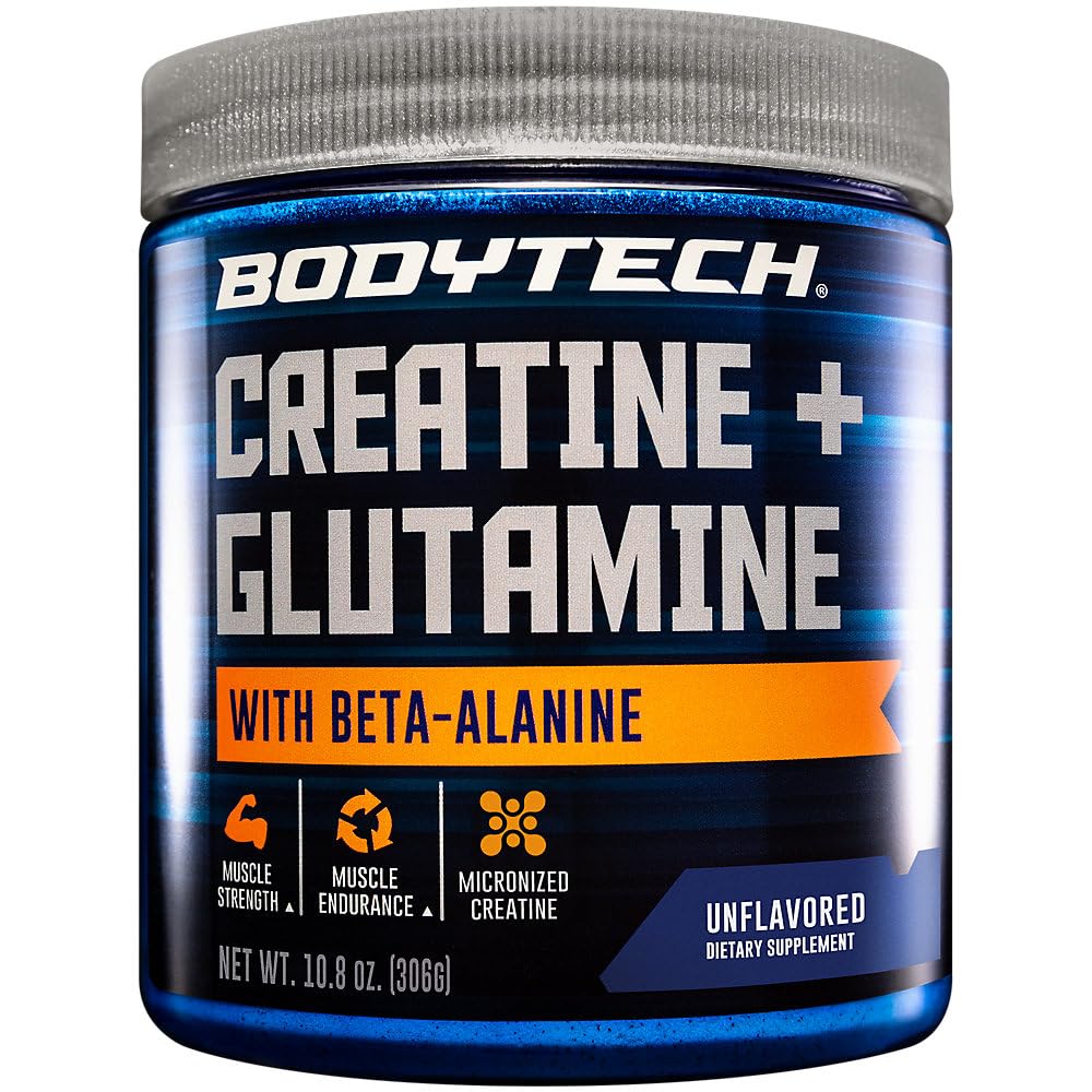 BodyTech Creatine + Glutamine with Beta Alanine Powder, Supports Training & Recovery, Pre Workout & Post Workout Supplement for Men & Women, Unflavored, Gluten Free, 10.8 Oz, 30 Servings
