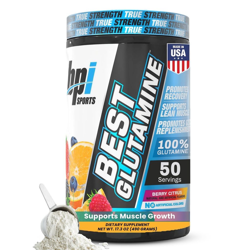BPI Sports Best Glutamine Supplement, L Glutamine Powder for Gut Health, Muscle Recovery and Immune Support – 6 Advanced Glutamine Types + Vitamin C – 50 Servings – Berry Citrus Flavor