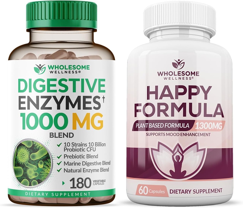 Allsome Wellness Digestive Enzymes 1000MG Plus Prebiyotiks & Probiyotiks Supplement + Happy Formula Natural Stress Formula Relief Supplement for Women & Men Sche