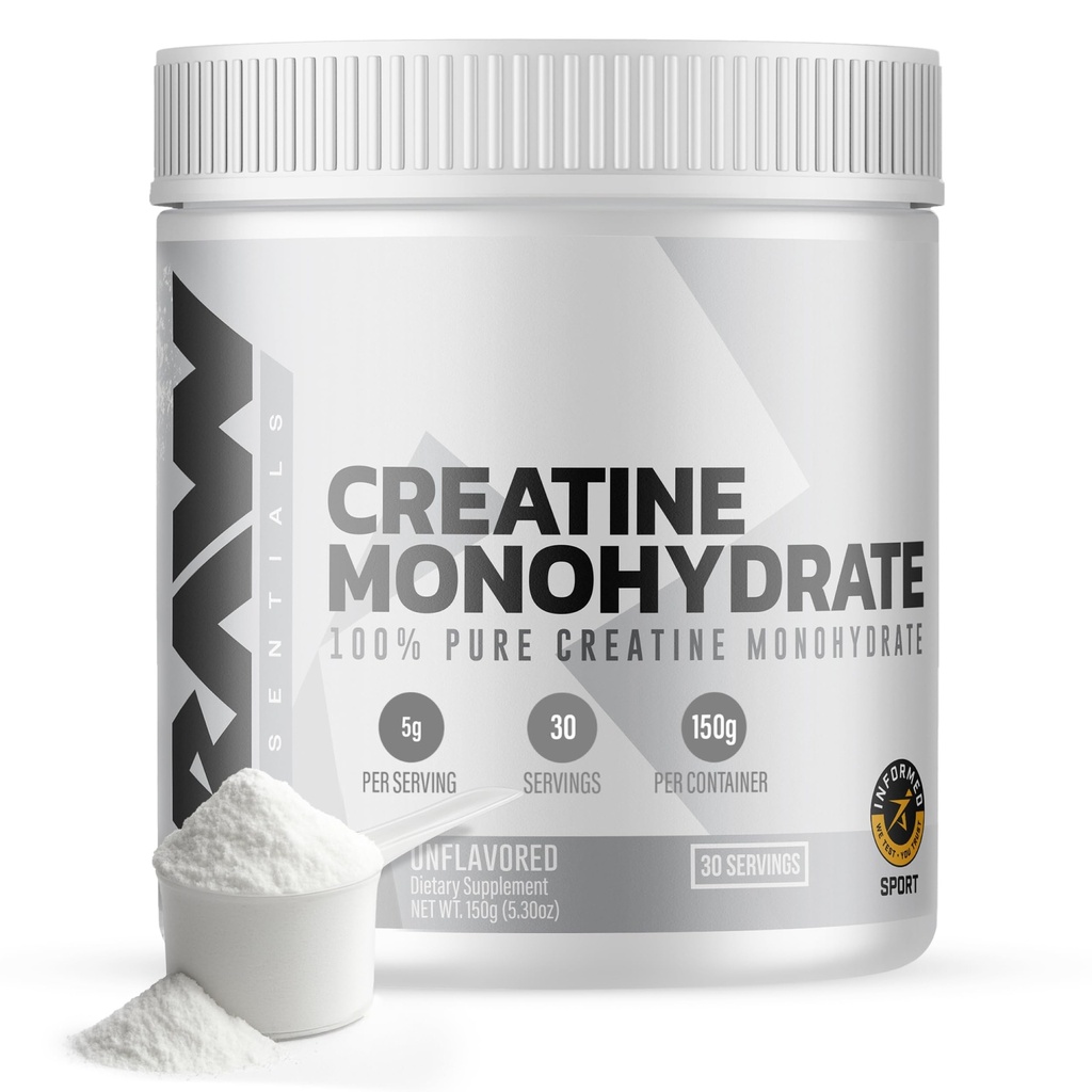 RAW Beslenme Kretine Monohidrat Tozu, Unflavored (30 Hizmet) - İşout Performansı için Mikronized Kretine Monohidrat Supplement, Kas & Güçlü - Erkekler ve Kadınlar için Kretine Toz