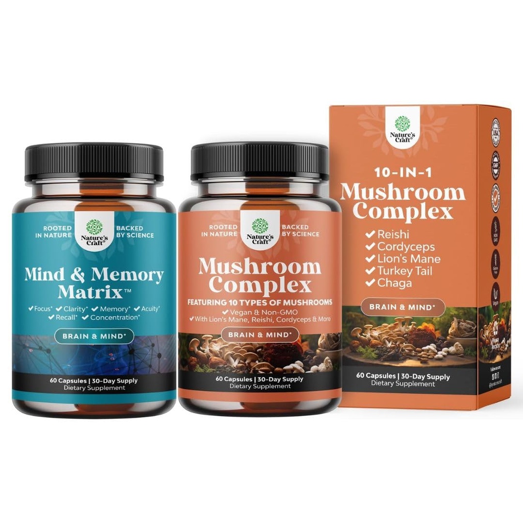Bundle of Nootropic Brain Supplement - Mental Health & Clarity with VIT A B6 Riboflavin Niacin Thiamin Folate and Advanced Mushroom Complex Capsules - 10X Lions Mane with Reishi Chaga Maitake Shiitake