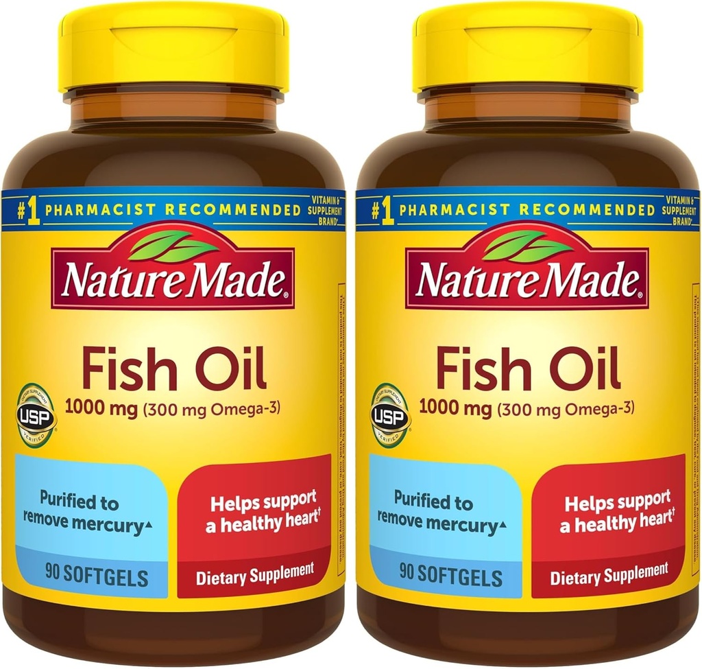 Nature Made Fish Oil Omega 3 Συμπληρώματα, 1000 mg Softgels, Omega 3 Fish Oil for Healthy Heart Support, 90 Softgels, 45 Day Supply (Pack of 2)