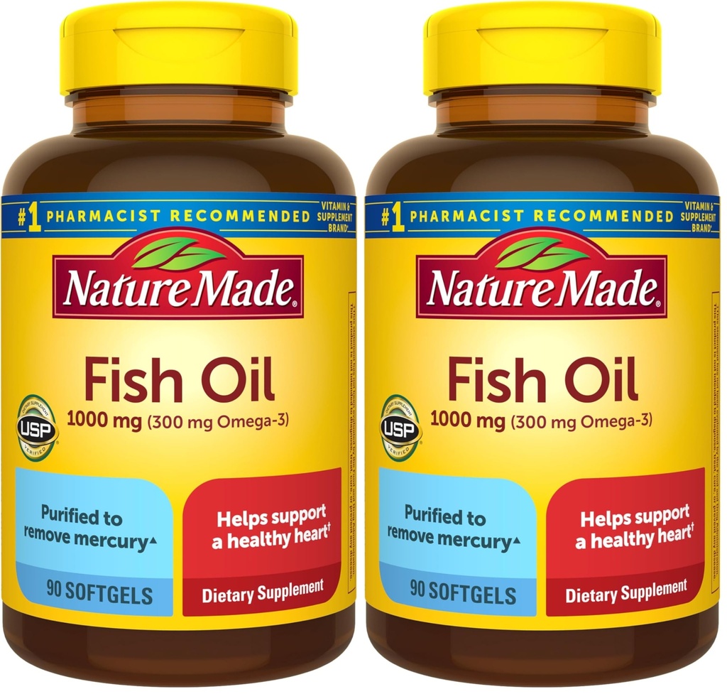 Nature Made Fish Oil Omega 3 Supplements, 1000 mg Softgels, Omega 3 Fish Oil for Health Heart Support, 90 Softgels, 45 Day Supply (Pack of 2)