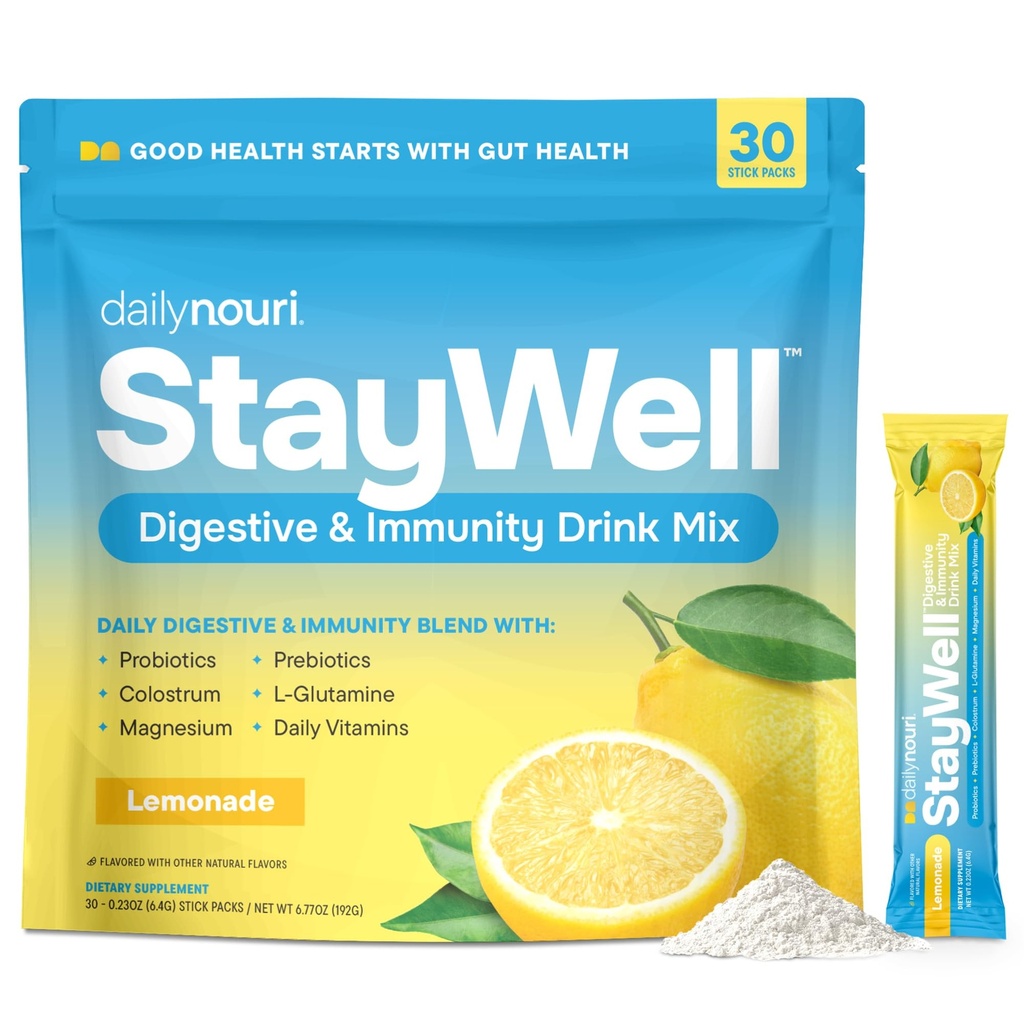 Daily Nouri StayWell Gut Health Drink Mix | Digestive & Immune Support Powder | Colostrum + L-Glutamine + Probiotics | Lemonade | 30 Stick Packs