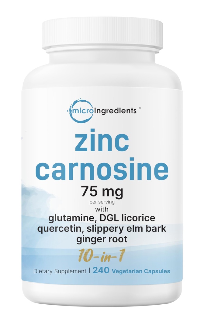 Zinc Carnosine 75mg, 240 Veggie Capsules | 10-in-1 Zinc Supplements for Men & Women with Glutamine, DGL Licorice, Quercetin, Slippery Elm Bark, & Ginger Root | Non-GMO, Gluten Free