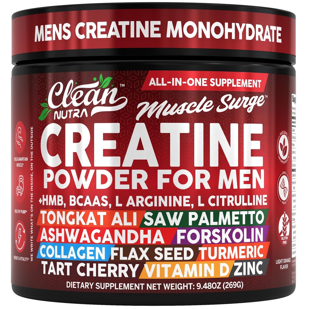 Clean Nutra Creatine Powder for Men + HMB BCAA L Arginine L Citrulline Tongkat Ali Saw Palmetto Ashwagandha Collagen Flax Seed Turmeric Preworkout Stevia Nitric Oxide L Glutamine Amino Acids