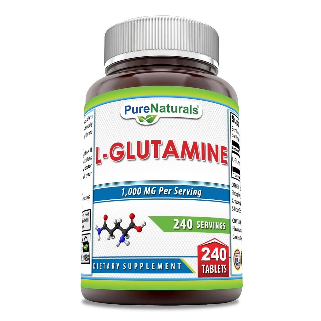 Pure Naturals L-Glutamine Supplement | 1000 Mg Per Serving | 240 Tablets | Non-GMO | Gluten Free | Made in USA