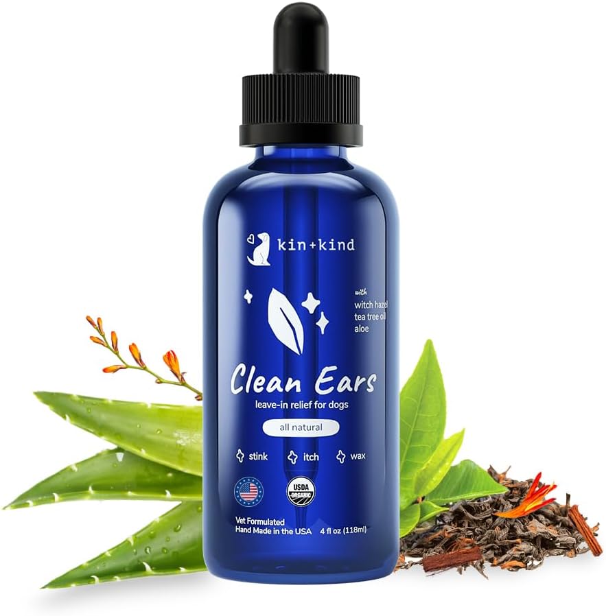 kin+kind Köpek Kulakı Daha Temiz Çözüm - Organik Köpek Kulakları Köpekler için Kolay Kullanım - Temizler Formlar, kir & Odor - Gentle Ear Temizlik w / Witch Hazel, Aloe Vera & Çay Ağacı Yağı - ABD'de 4 fl oz