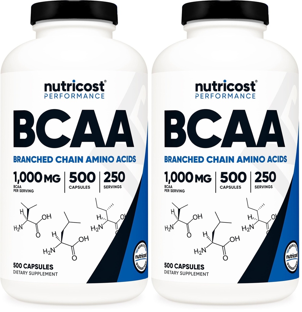 Nutricost BCAA 1000mg, 500 Capsules (250 Serv), 2:1:1 Branched Chain Amino Acids (500mg of L-Leucine, 250mg of L-Isoleucine and L-Valine) (Pack of 2)