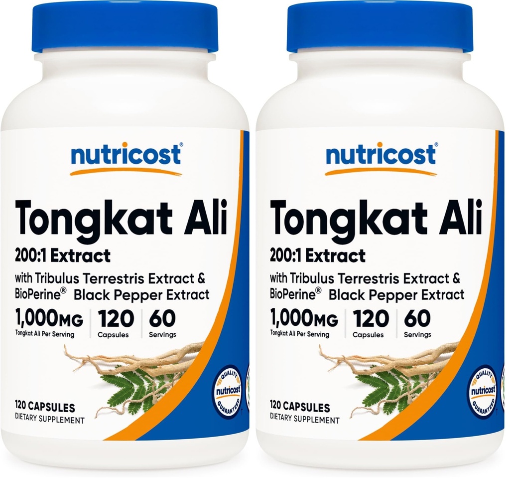 Nutricost Tongkat Ali 1,000mg 120 Capsules - with Tribulus Terrestris and BioPerine, Vegetarian Caps, Non-GMO, Gluten Free, Potent Extract (Pack of 2)