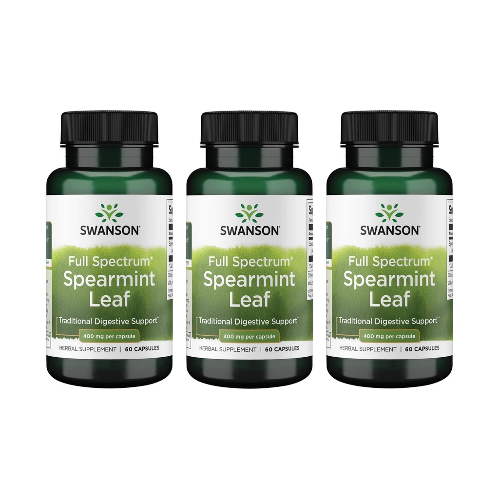 Swanson Spearmint Leaf (Mentha Spicata)- Full Spectrum Herbal Supplement Supporting Digestive Health & Mild Stomach Issues - (60 Capsules, 400 mg each) 3 Pack