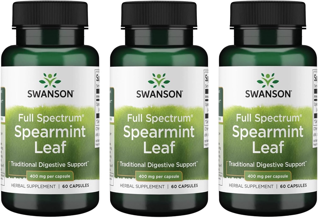 Swanson Spearmint Leaf (Mentha Spicata)- Full Spectrum Herbal Supplement Supporting Digestive Health & Mild Stomach Issues - (60 Capsules, 400 mg each) 3 Pack