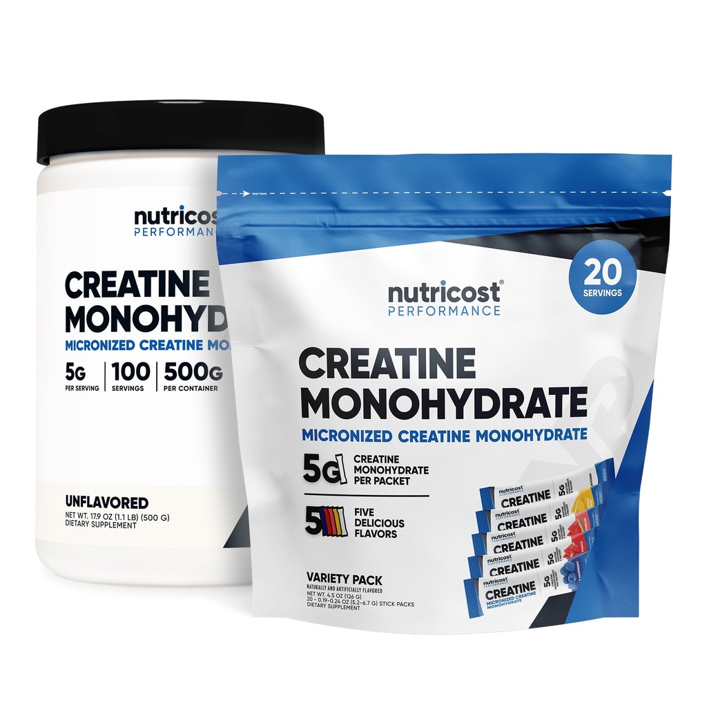 Nutricost Micronized Creatine Monohydrate 500 Grams and 20 Stickpacks (Variety) Bundle