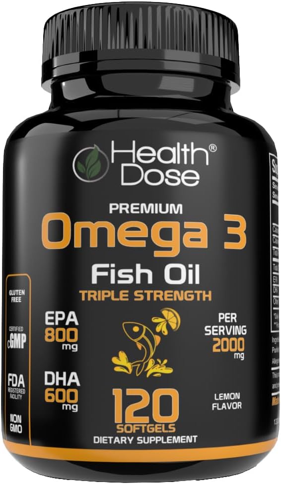Sağlık Dose Omega 3 Fish Oil 2000mg – Lemon-Flavored Softgels with EPA 800 mg & DHA 600 mg for Brain, Heart, and Wellness Support – Easy-to-Digest, No Fish Burps – 120 Softgels, 2Month Supply