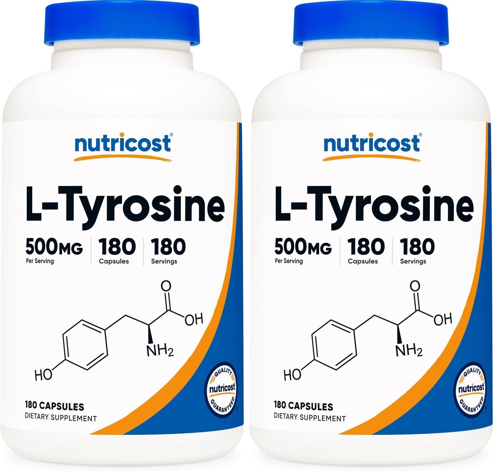 Nutricost L-Tyrosine 500mg, 180 Capsules - Gluten Free & Non-GMO (Pack of 2)