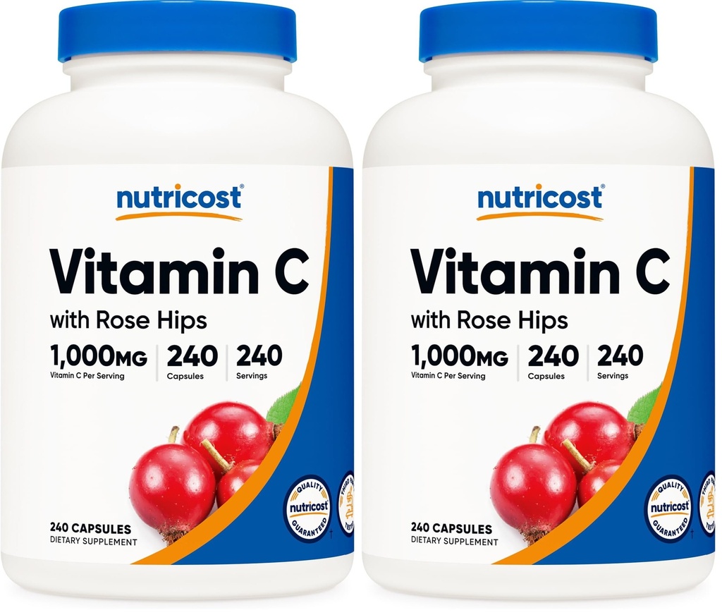 Nutricost Vitamin C with Rose HIPS 1025mg, 240 Capsules - Vitamin C 1,000mg, Rose HIPS 25mg, Premium, Non-GMO, Gluten Free Supplement (Pack of 2)