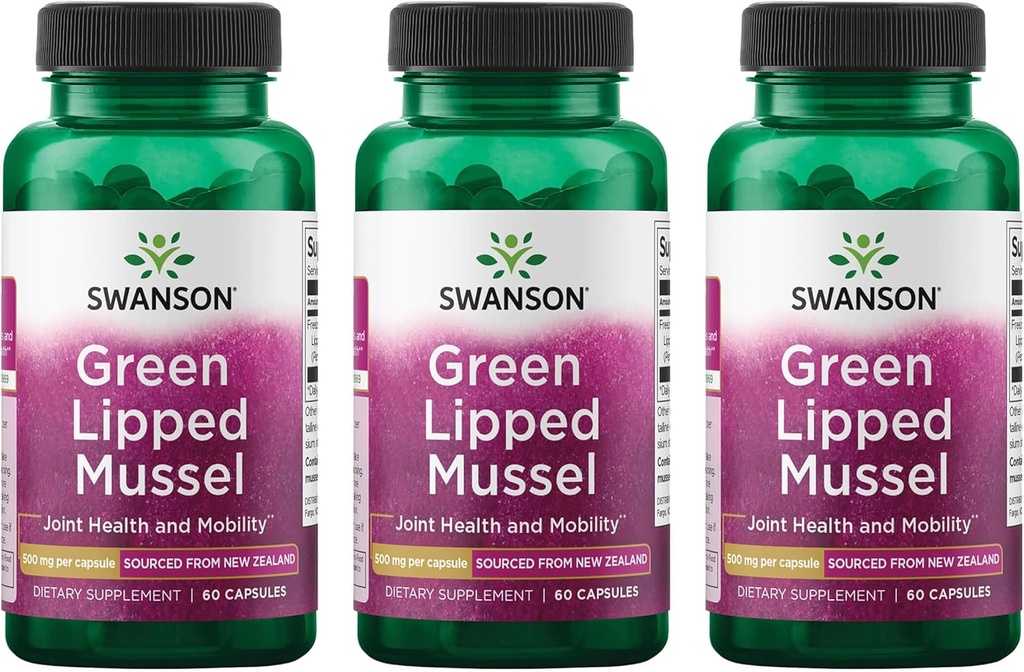 Swanson Green Lipped Mussel (Freeze-Dried) - New Zealand Joint Health & Mobility Supplement - Φυσική Φόρμουλα Μπορεί να υποστηρίξει την καρδιακή υγεία & Digestive λειτουργία - (60 κάψουλες, 500mg έκαστο) (3 Pack)