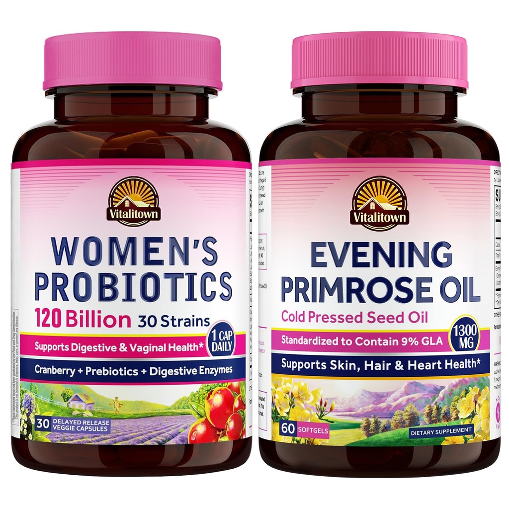 Vitalitown Women's Inner & Outer Beauty Bundle: 120 Billion CFU Probiotics (30 Strains) + Evening Primrose Oil 1300mg, Complete Gut, Vaginal & Skin Health