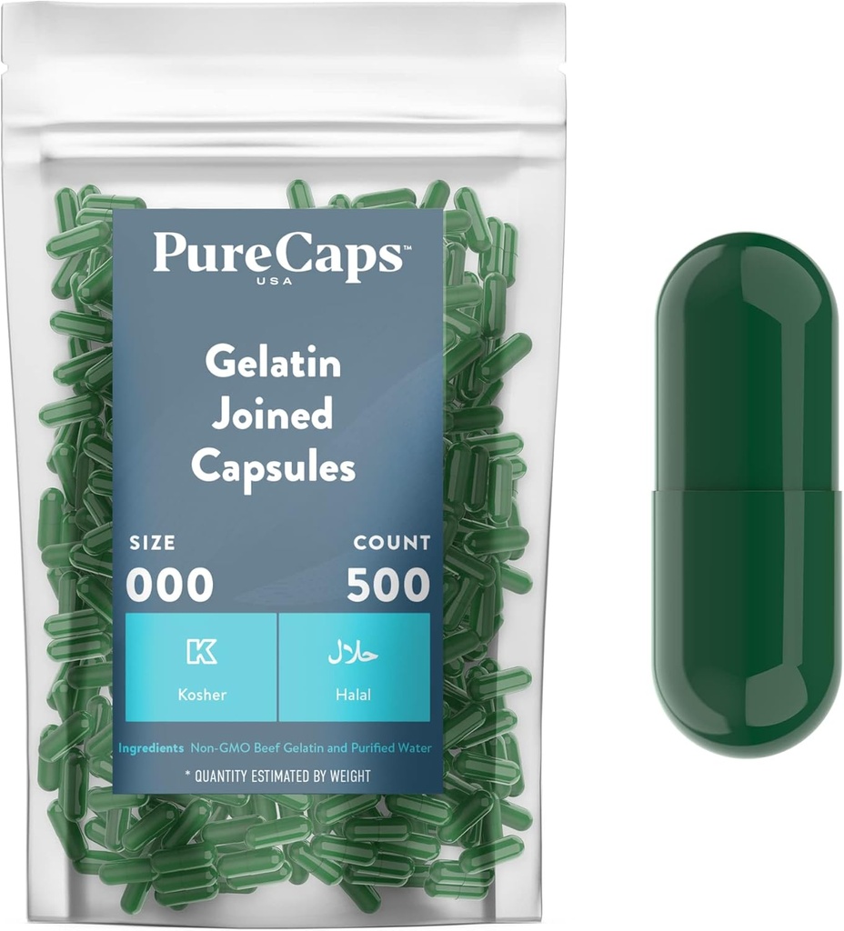 Purecaps ABD - Boş Gelatin Pill Capsules Boyut 000| 500 Pills / Yeşil / GMO sertifikalı | SLS, Gluten, Preservative Free Free