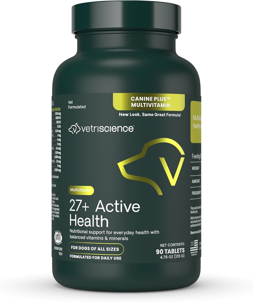 Vetri Science 27+ Aktif Sağlık Chewable Tabletler, Canine Plus Günlük Multivitamin Puppiler ve Yetişkin Köpekler, Dengeli Vitaminler, Mineraller ve Antioksis, Health and Wellness Support, Duck, 90 Count