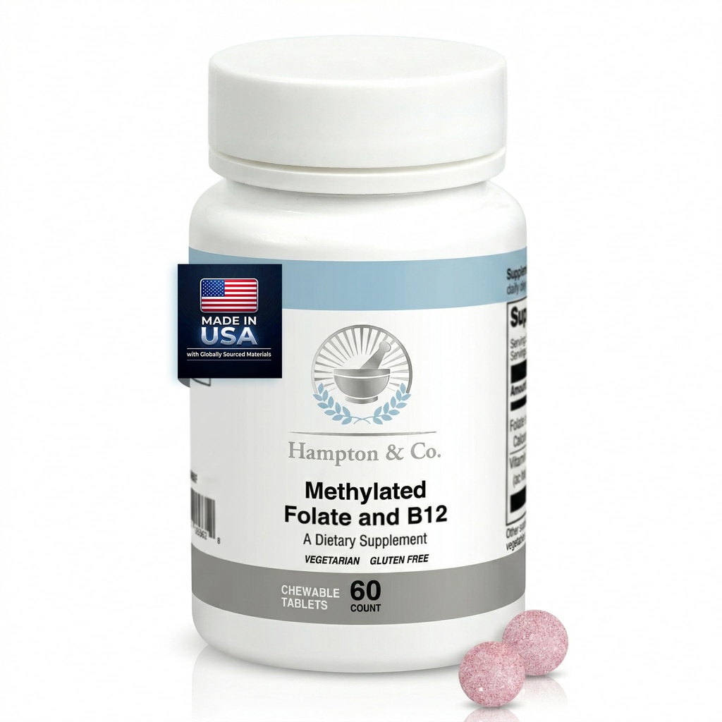 Hampton Distribution Methylated B12 & Folate Complex | Once-Daily Chewable Supplement for Energy Production & Cardiovascular Health | 60 Chewable Folate and B12 Supplement Tablets