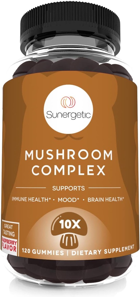Sunergetic Premium Mushroom Gummies Supplement - Immune Health, Brain, Mood & Stres Desteği - Aslanlar Mane, Chaga Extract, Reishi, Türkiye Tail, Cordyceps (120 Gummies)