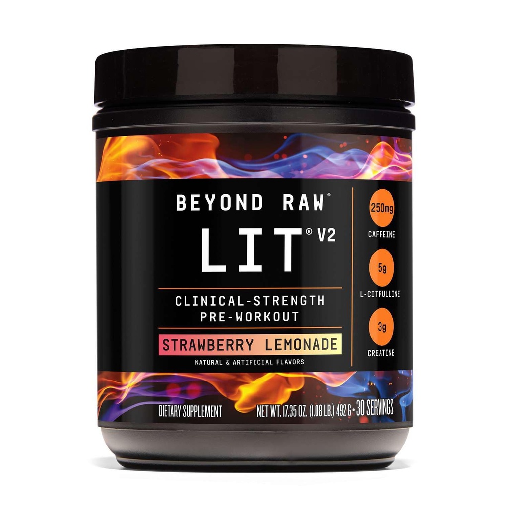 BEYOND RAW LIT V2 Clinical Strength Pre Workout Powder, Hits Harder, Bigger Pumps, Caffeine, L-Citrulline, Creatine, Strawberry Lemonade, 30 Servings