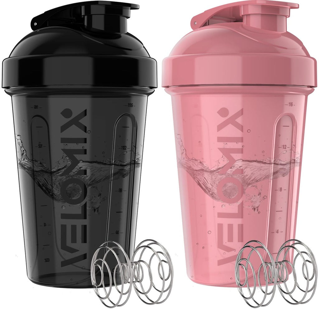 VELOMIX -2 Pack- 20 oz Protein Shaker Bottles for Protein Mixes - 2x Wire Whisk | Leak Proof Shaker Cups for Protein Shakes and Pre Workout | Protein Shaker Bottle Pack (Pink/Black)
