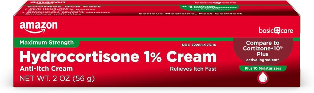 Basic Care Maximum Strength Hydrocortisone 1 Percent Anti-Itch Cream Plus 10 Moisturizers, 2 Ουγγιά (Pack of 1)