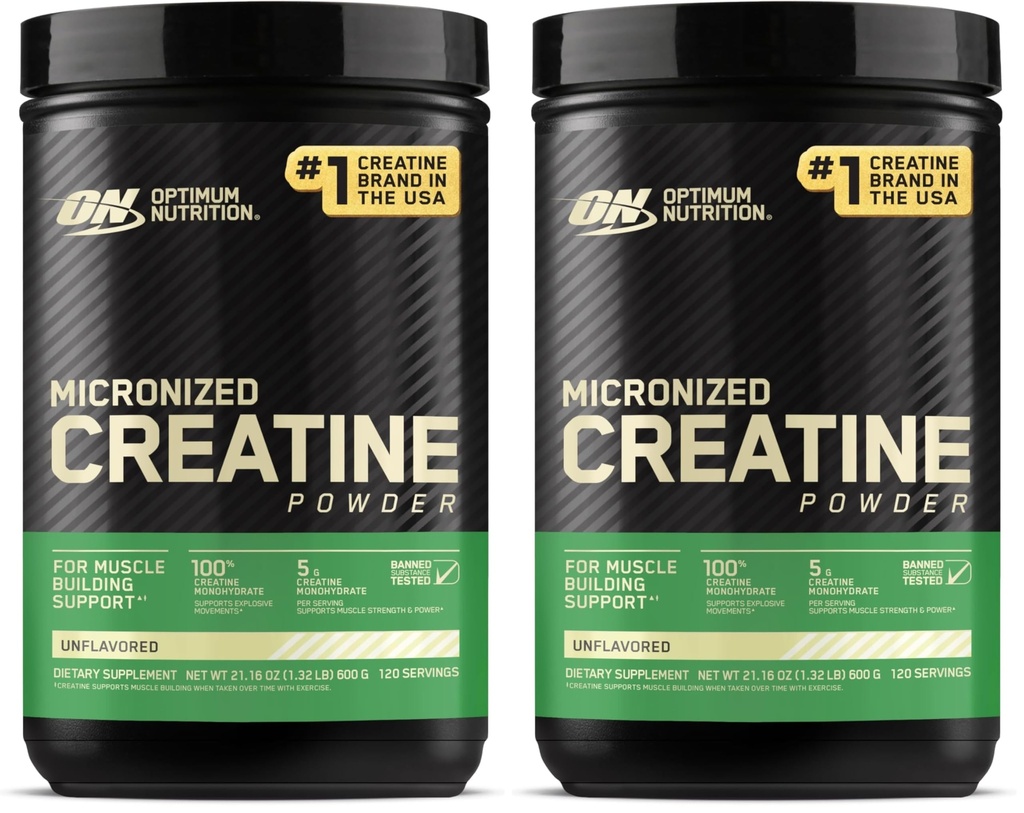 Optimum Nutrition Micronized Creatine Monohydrate Powder, Unflavored, 120 Servings, 600 Grams (Packaging May Vary) (Pack of 2)