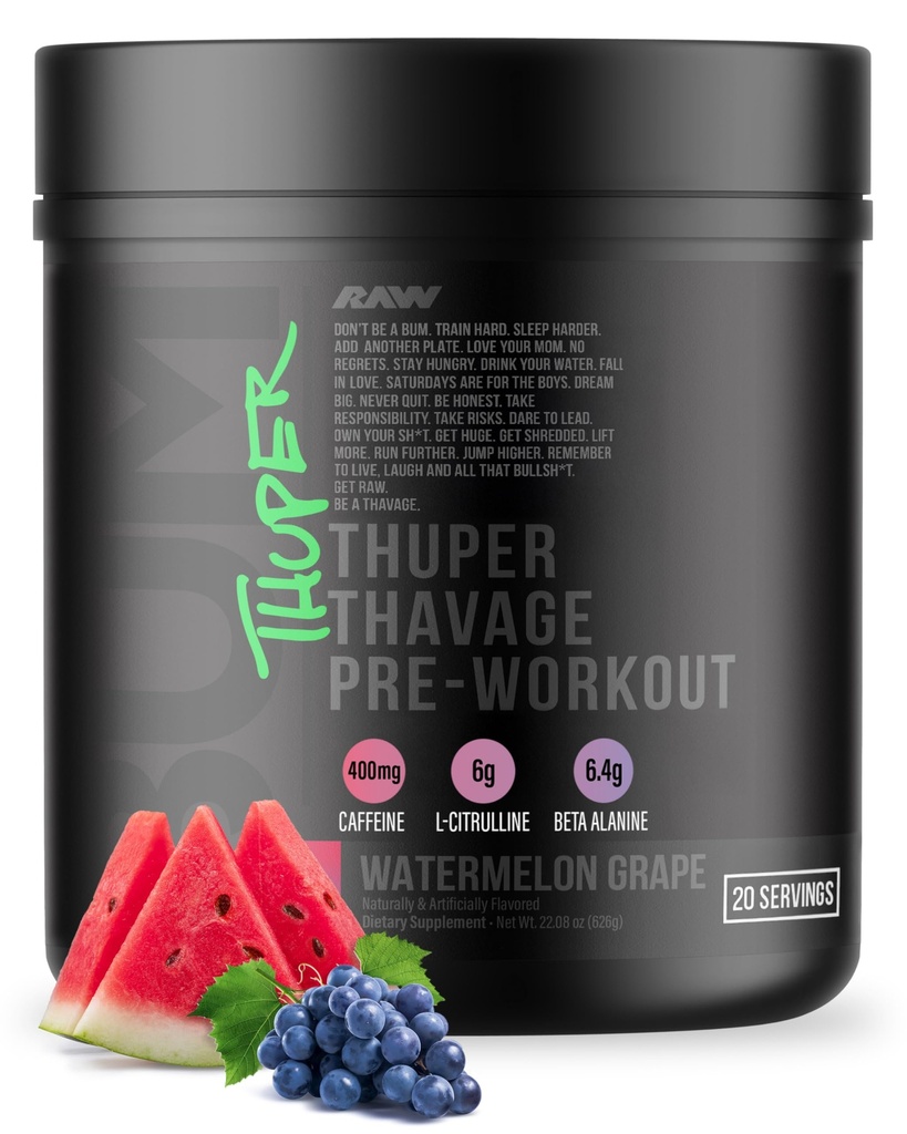 RAW Thuper Thavage Pre Workout Powder - High-Stim Preworkout with Creatine, Beta Alanine, L-Citrulline & Caffeine - Chris Bumstead Gym & Fitness Supplement for Men & Women - Watermelon Grape