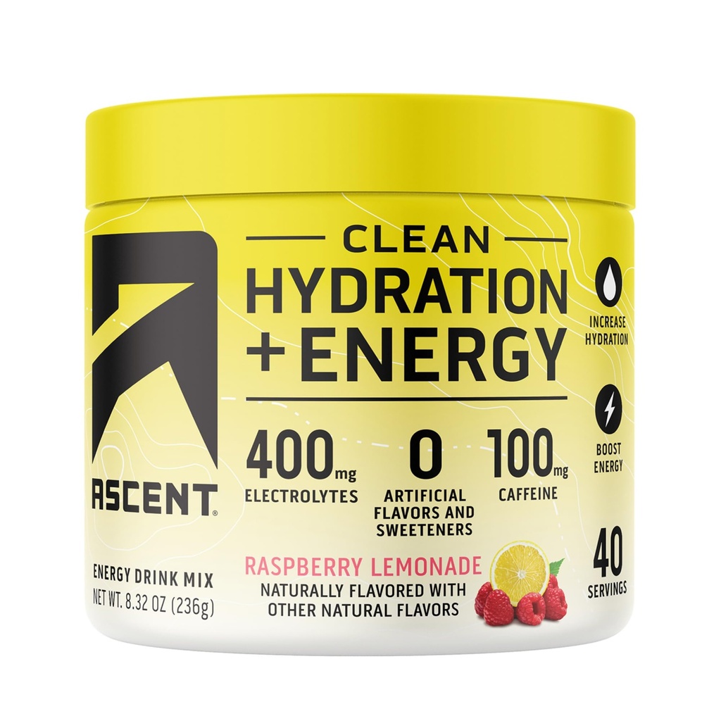Ascent Clean Hydration + Energy Electrolytes Powder - 100mg Caffeine, 400mg Electrolytes, No Artificial Ingredients, Raspberry Lemonade 40 Servings