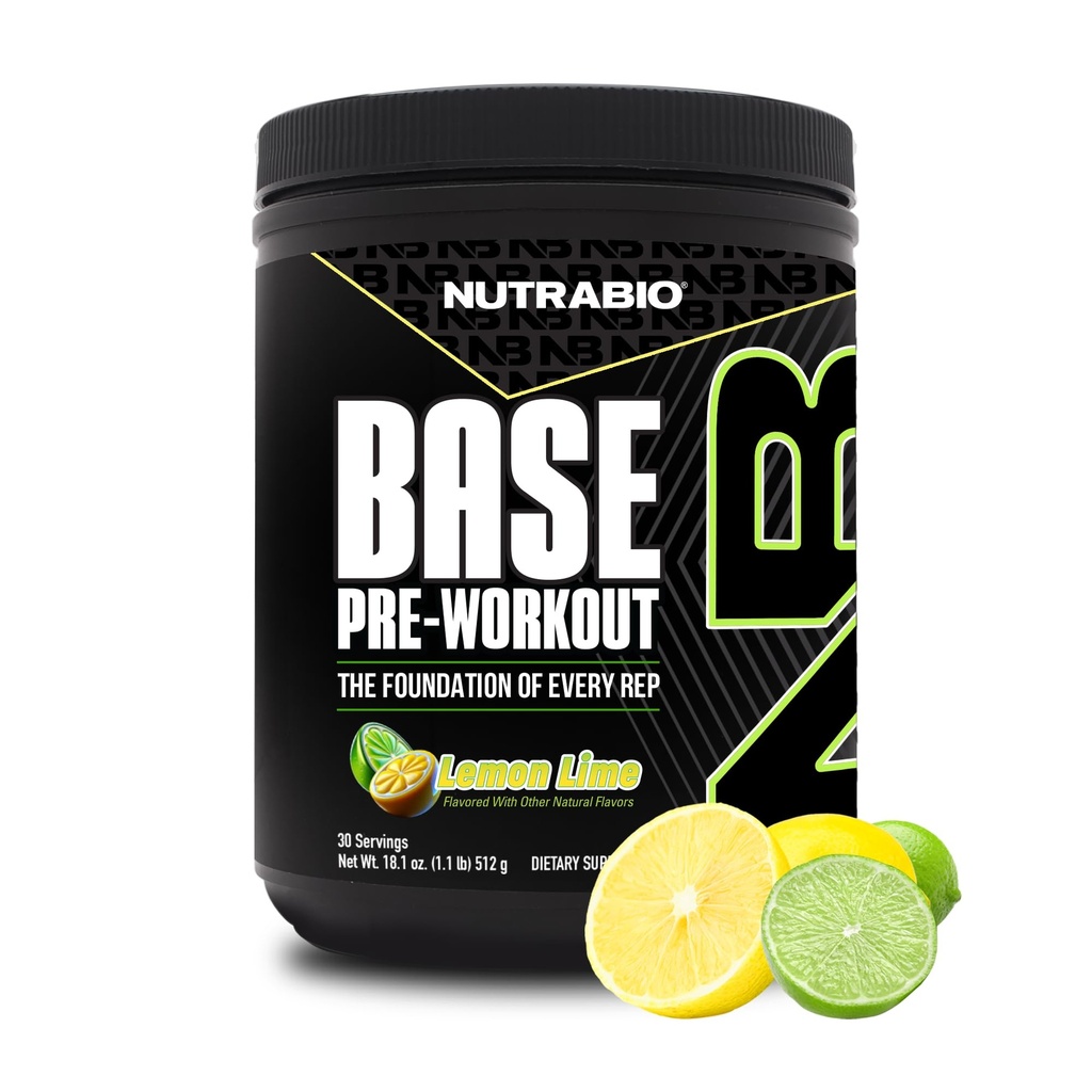 NutraBio Base Pre-Workout Powder 200mg Caffeine, Sustained Energy, Focus, Endurance, Pump, Sugar Free, Clean Preworkout for Men and Women - Beta Alanine, L-Tyrosine, 30 Servings - Lemon Lime