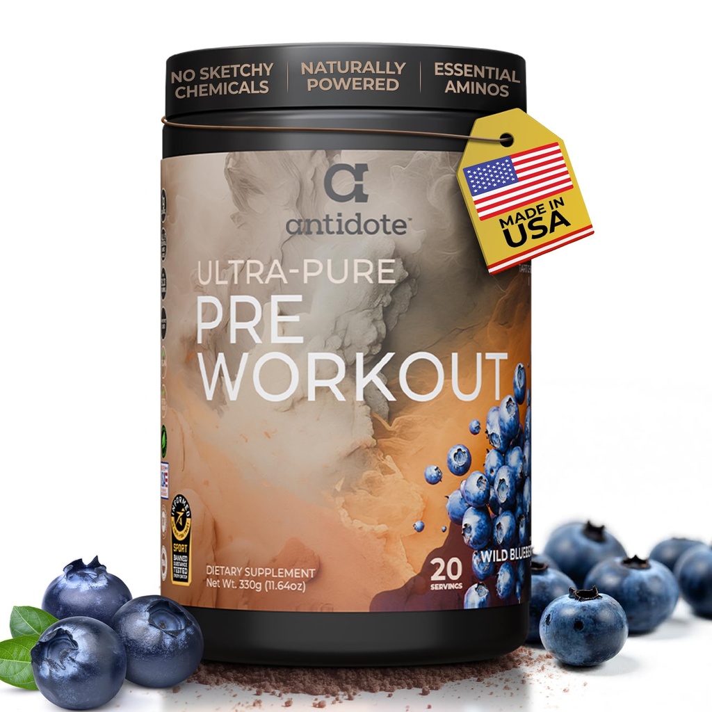 Antidote Clean Pre-Workout Powder - Natural Energy & Focus Booster with Beetroot, Creatine & Beta-Alanine - No Artificial Additives - Vegan, Keto-Friendly Supplement - Wild Blueberry - 20 Servings