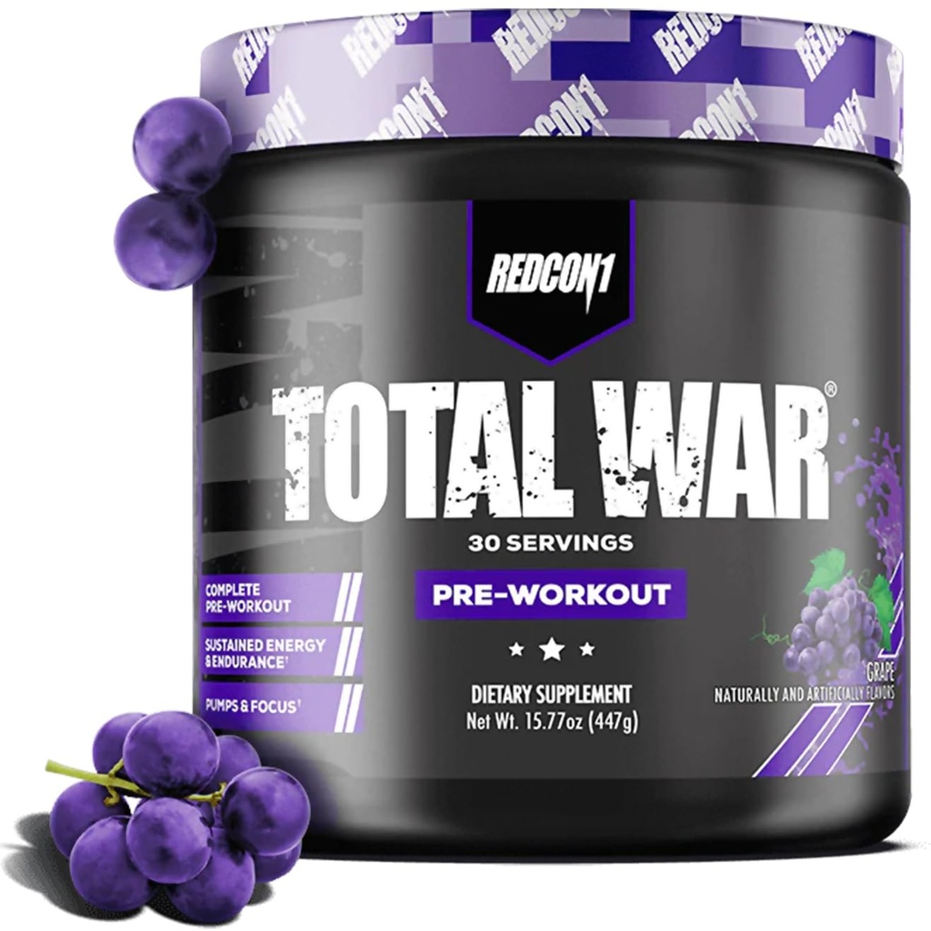 REDCON1 Total War Pre Workout, Grape - Fast Acting Caffeinated Preworkout for Men + Women with Beta Alanine - Contains Citrulline Malate for Increased Pump, Blood Flow (30 Servings)