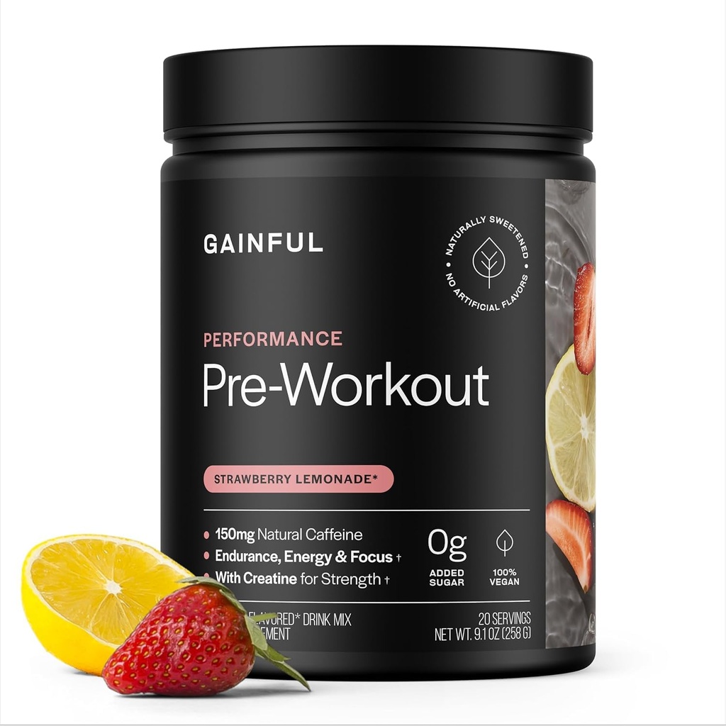 Gainful Pre Workout Powder, Caffeine Free with Creatine, L Citrulline, Beta Alanine, BCAA's, Energy & Muscle Support, 14 Servings (20 Servings, Strawberry Lemonade - Performance)