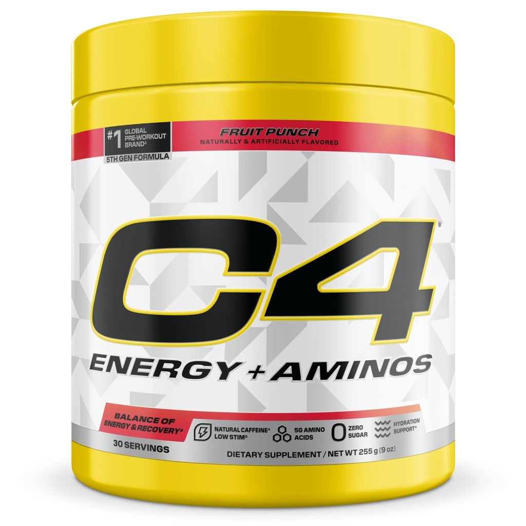 C4 Energy + Aminos Toz, 5g BCAAs & EAAs for Muscle Recovery, 3 Electrolytes for Hydration, 100 mg Natural Caffeine, Pre Workout, Zero Sugar, 30 Services, Fruit Punch