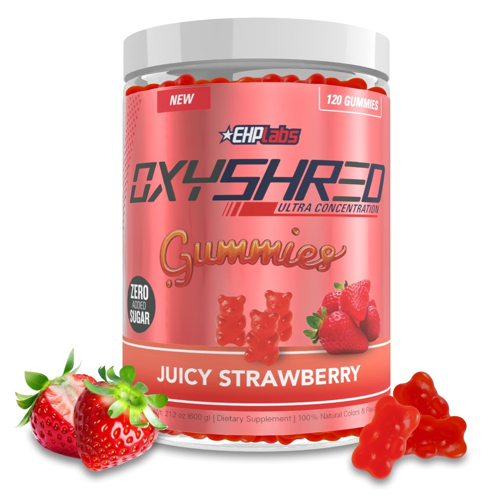EHP Laboratuvarları OxyShred Gummies - Pre Workout Gummies & Energy Chews with 100 mg Caffeine, L-Carnitine for Thermo & Metabolic Support, All Natural Energy Boost - Strawberry Flavor - 60 Hizmetler