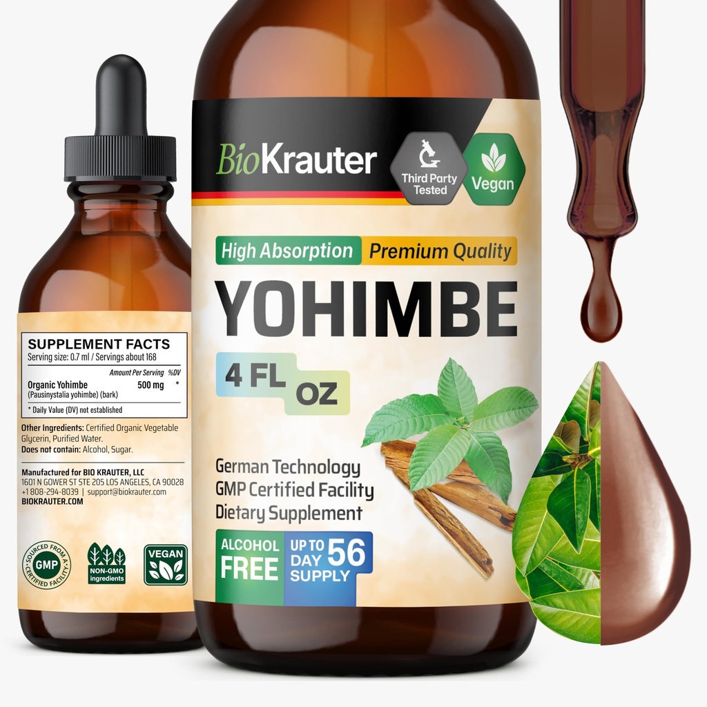 BIO KRAUTER® Yohimbine for Performance Support - Vegan Yohimbe Supplements for Men & Women 500 mg per Serving (Yohimbe Bark) 4 Fl.Oz., 56-Day Supply, Alcohol & Sugar Free Workout Supplements