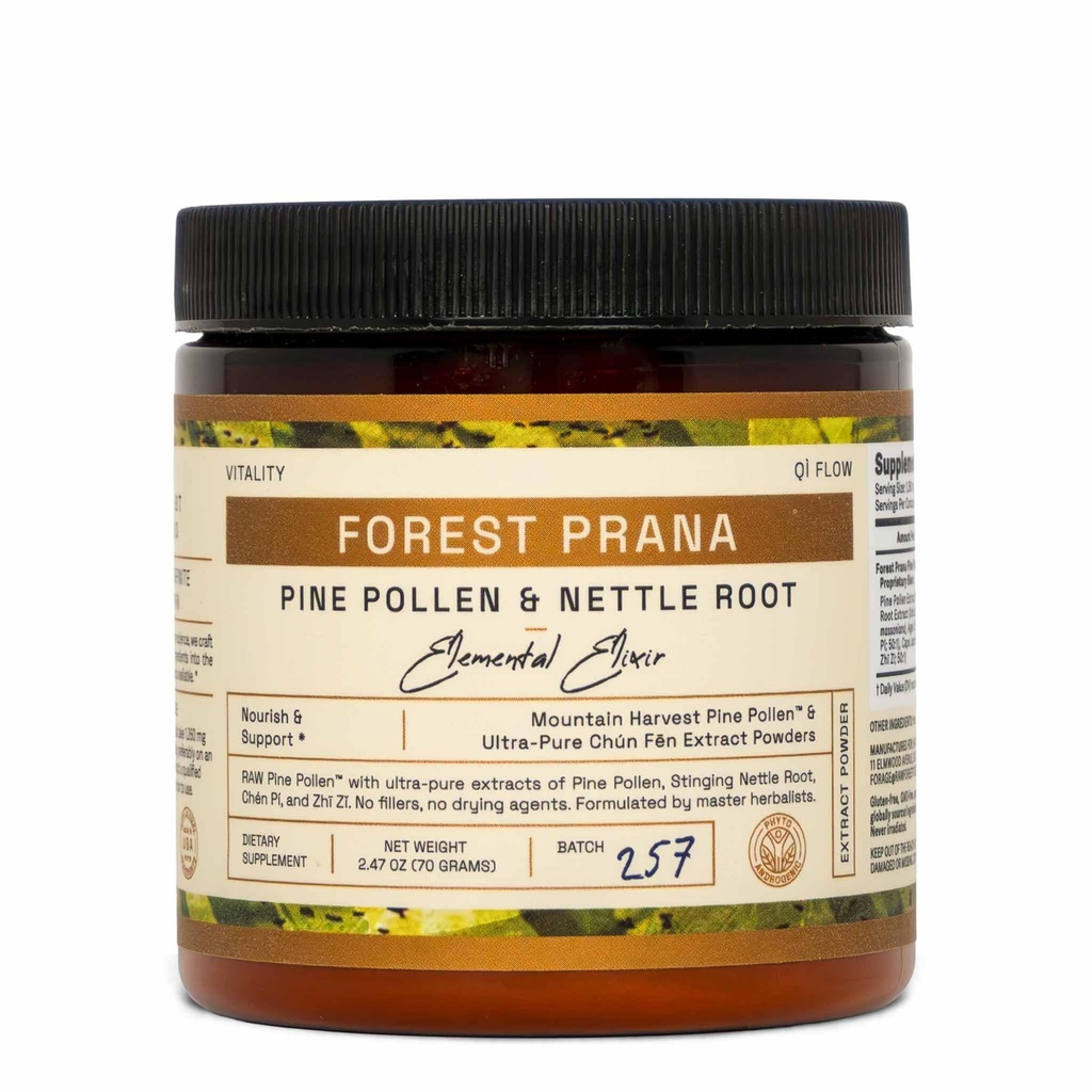 Forest Prana Pine Pollen and Nettle Root Elixir Powder – Sustained Support – Single Origin Pine Pollen – Vegan, Gluten-Free, & Non-GMO – 70 Gram Jar